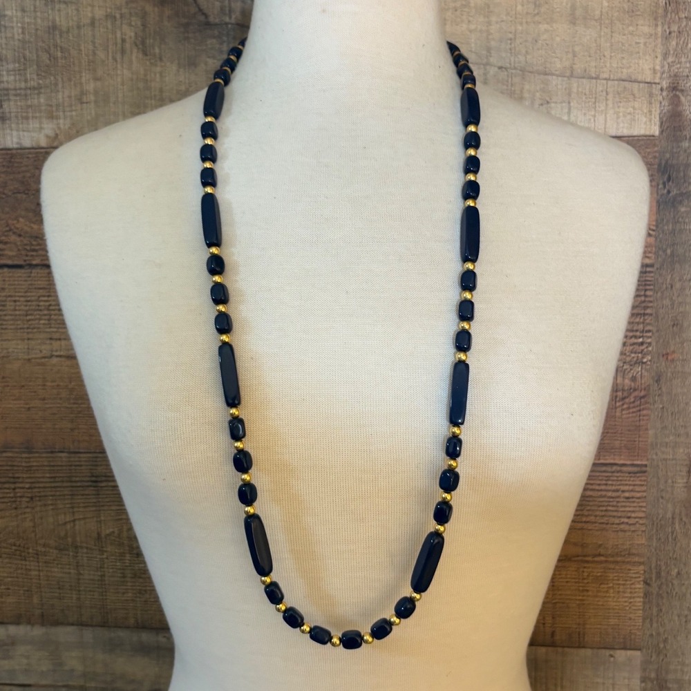 Vintage Navy Blue and Gold Tone Geometric Beaded Opera Length Necklace 36 Inch